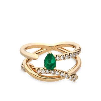 Rose Gold Intertwined Ring with Emerald and Diamonds