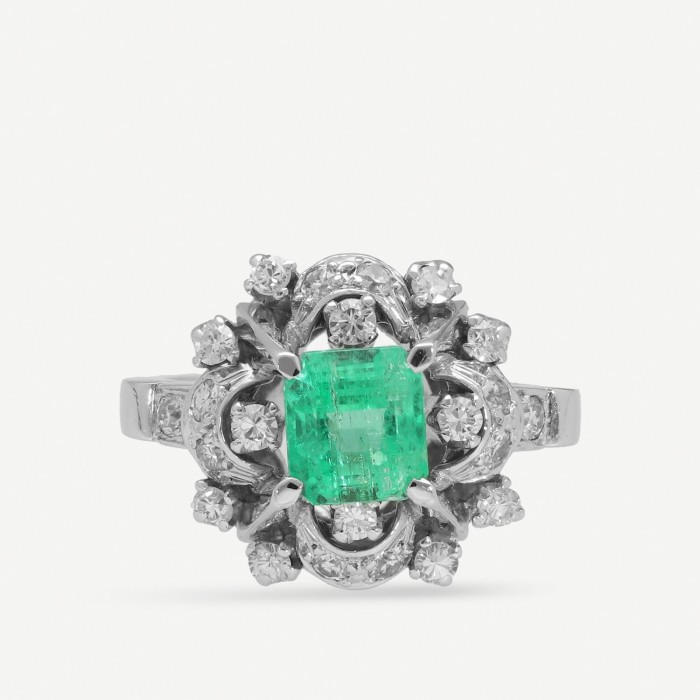 Platinum Ring with Emerald and Diamonds