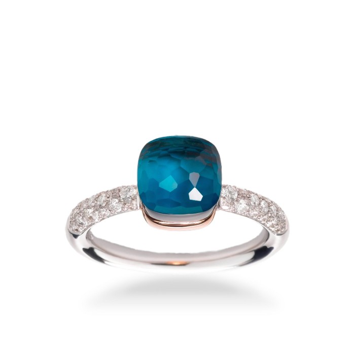 Nudo Petit ring in white and pink gold with diamonds and London blue topaz and turquoise by Pomellato