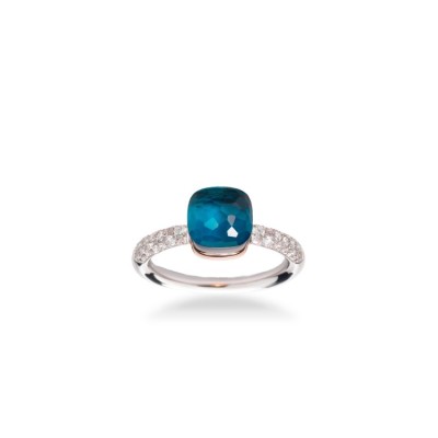 Anell Nudo Petit d´or blanc i rosa amb diamants i topazi blau Londres i turquesa de Pomellato