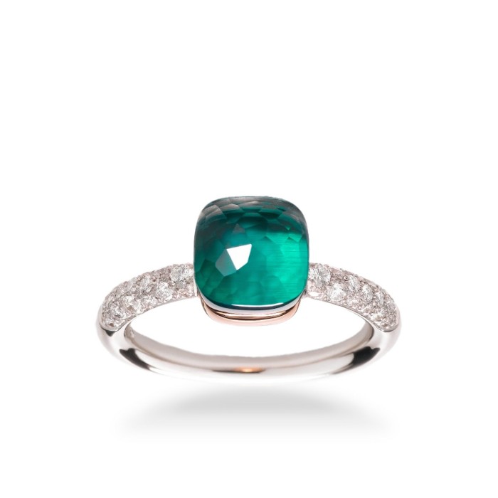 Rose and white gold ring with diamonds and blue topaz and Pomellato agate