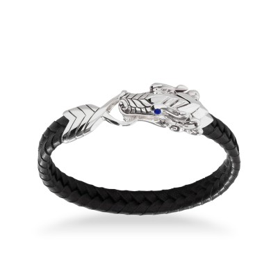 Black Braided Leather Bracelet with Sapphire