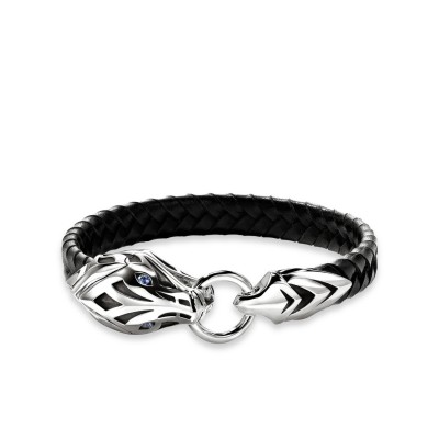 Pulsera Naga de Cuero y Plata con Zafiro