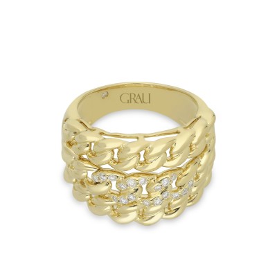 Anillo Grau Cadena Barbada Oro Amarillo y Diamantes