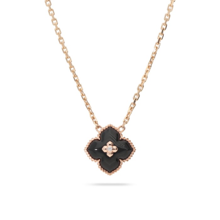 Pink Gold Necklace with Onyx Flower & Diamond