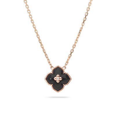 Pink Gold Necklace with Onyx Flower & Diamond
