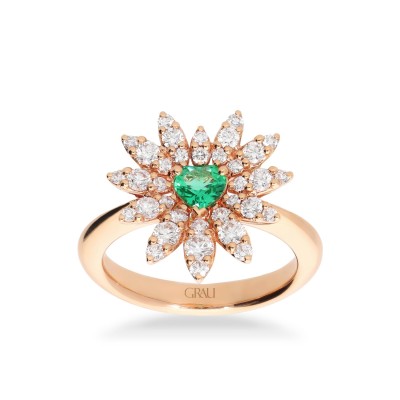 Anillo Floral con Esmeralda y Diamantes en Oro Amarillo