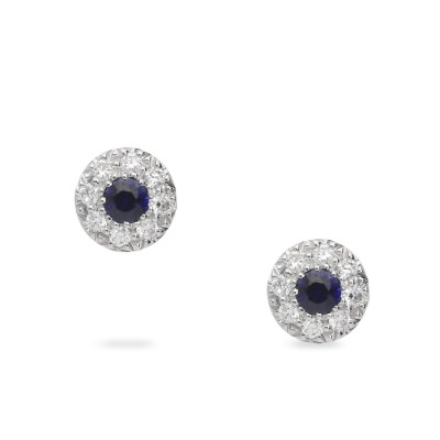 Pendientes Rosetón Oro Blanco con Zafiro Azul y Diamantes