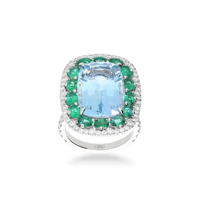 Rosette Ring with Aquamarine, Emerald & Diamond