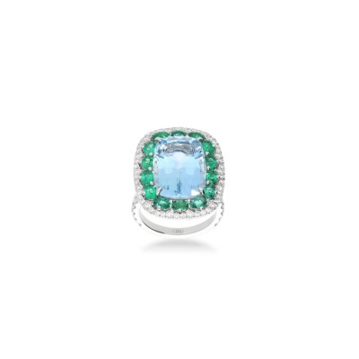 Anillo Rosetón en Oro Blanco con Aguamarina, Esmeraldas y Diamantes
