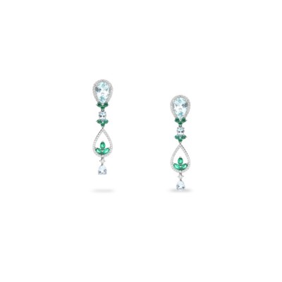 Pendientes largos Grau con Aguamarina, Esmeraldas y Diamantes