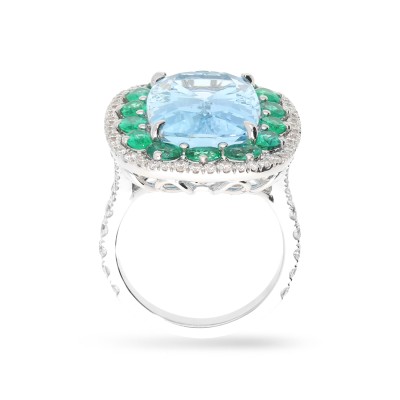 Rosette Ring with Aquamarine, Emerald & Diamond