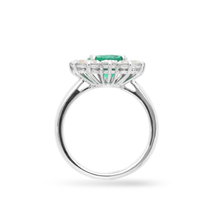 White Gold Rosette Ring with Oval Emerald and Diamonds