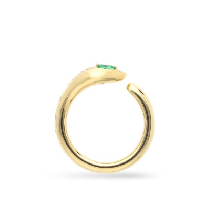 Snake Ring with Diamonds and Emeralds in Yellow Gold