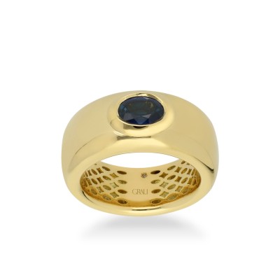 Anell de Banda Grau Or Groc i Safir Blau
