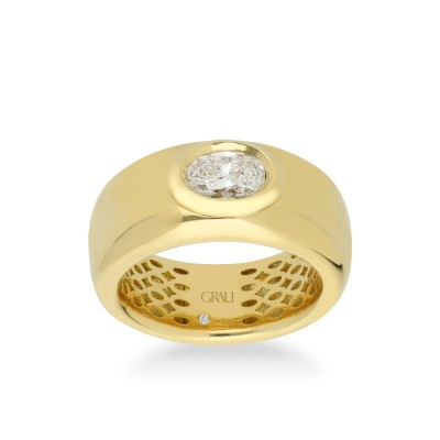 Anell de Banda Grau Or Groc i Diamant Ovalat