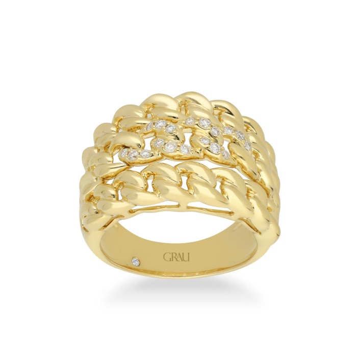 Anillo Grau Cadena Barbada Oro Amarillo y Diamantes