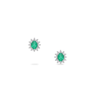 Rosette Earrings with Emerald and Diamonds in White Gold