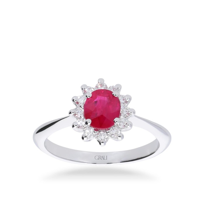 Rosette Ring with Ruby and Diamonds in White Gold