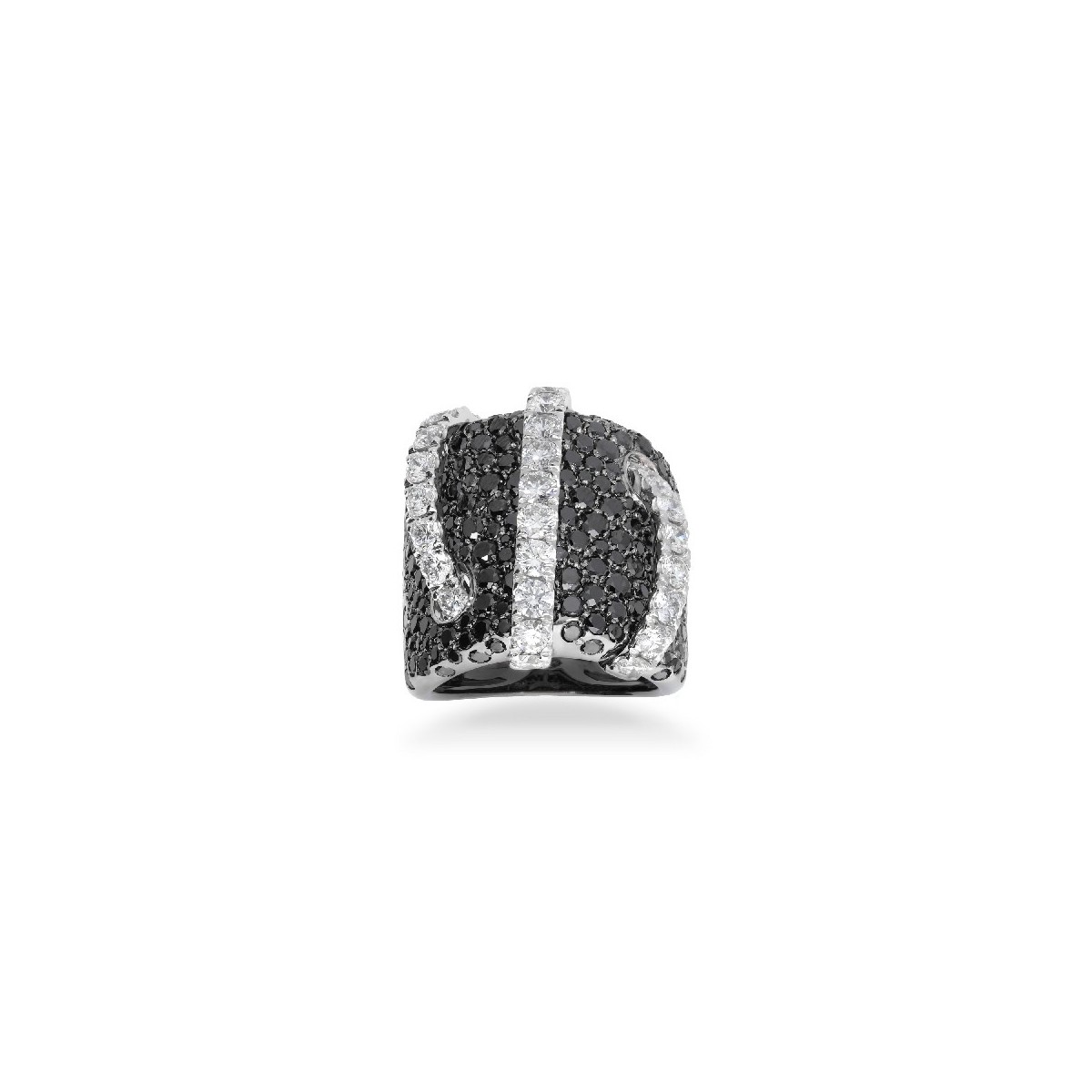 Anell amb Pavé de Diamants Negres i Tires de Diamants Blanques