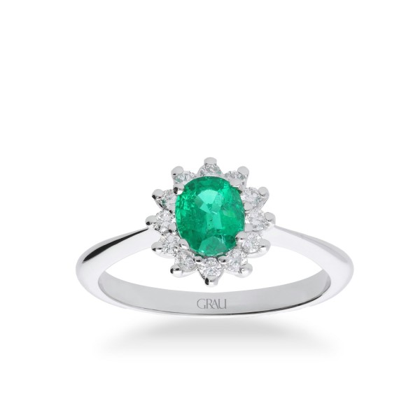 Roseton Grau Ring with Diamonds and Central Emerald