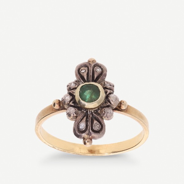 Anillo Grau Oro Amarillo 18k con Diamantes y Esmeralda