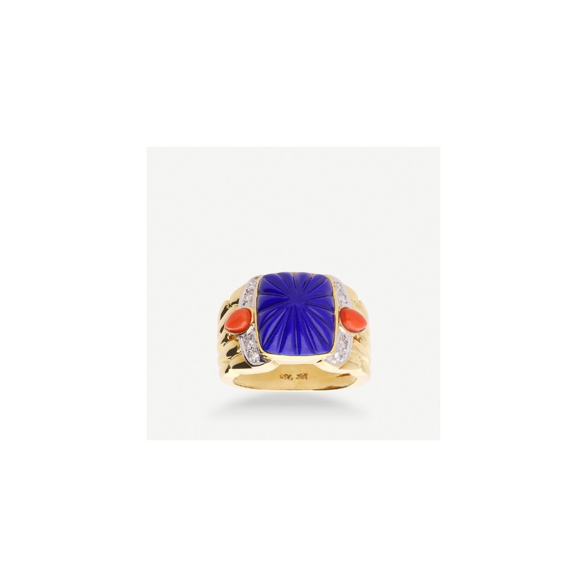 Anillo Grau en Oro Amarillo 18k con Diamantes, Lapislázuli y Coral Anillo Grau en Oro Amarillo 18k con Diamantes, Lapislázuli y Coral