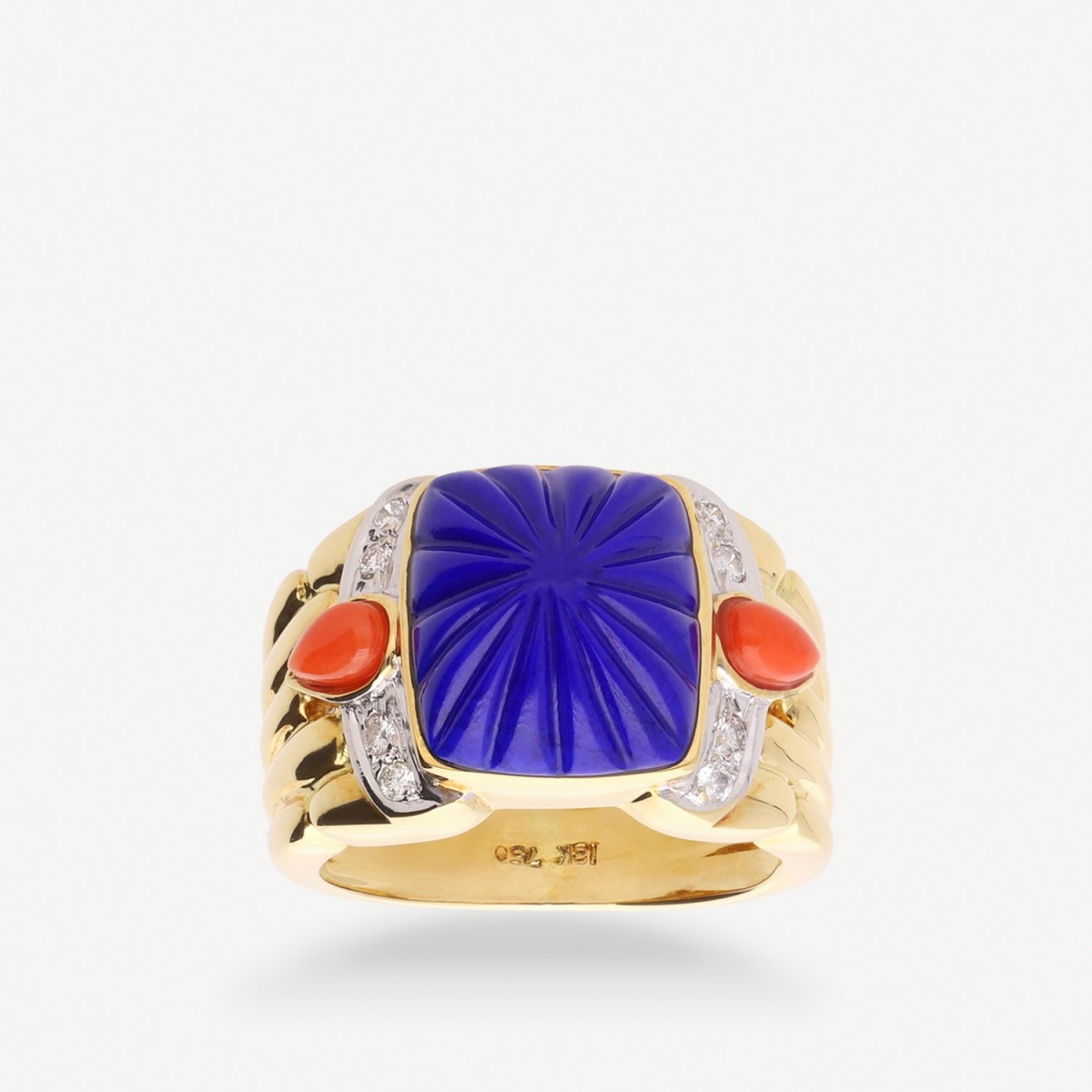 Grau Yellow Gold Ring with Diamonds, Lapis Lazuli & Coral
