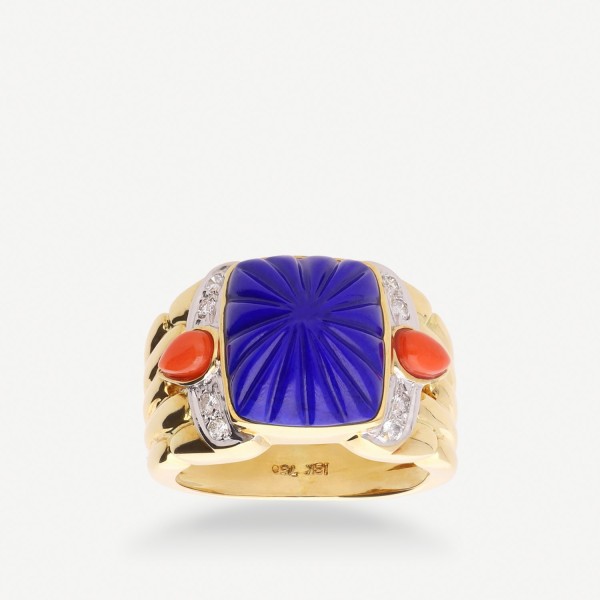 Grau Yellow Gold Ring with Diamonds, Lapis Lazuli & Coral