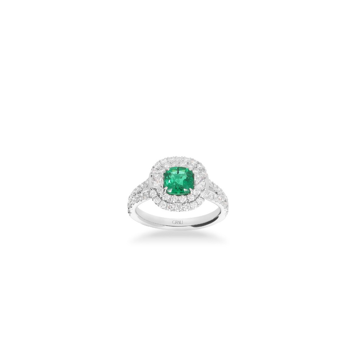 White gold rosette ring with cushion-cut emerald and double halo of diamonds