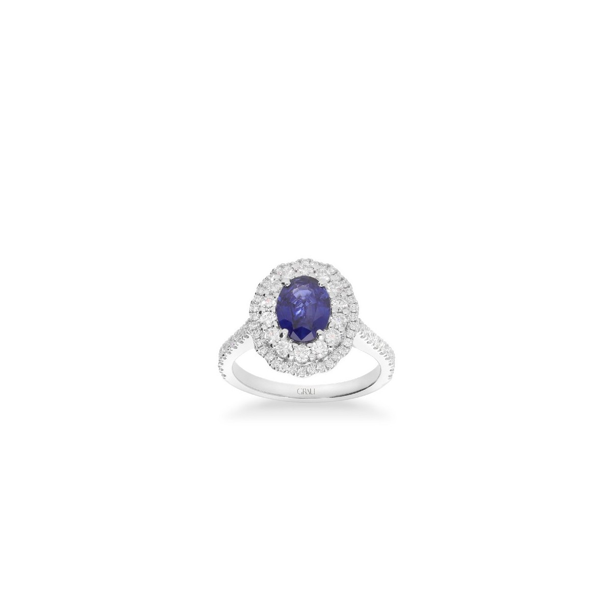 Rosette ring with oval-cut blue sapphire (1.27ct) and double halo of diamonds