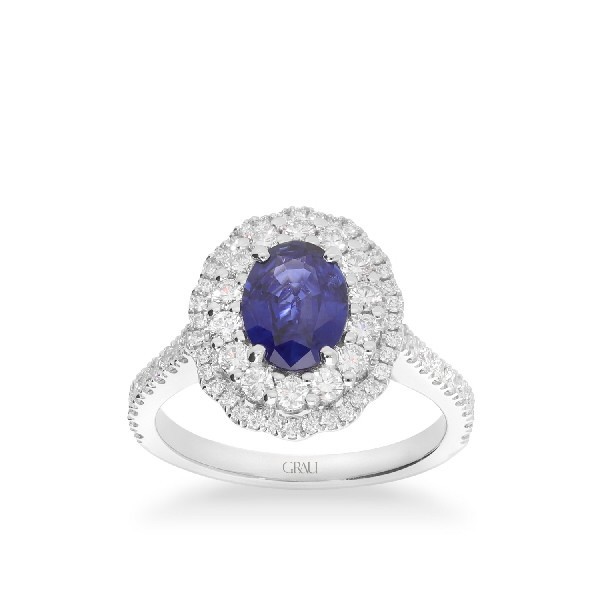 Rosette ring with oval-cut blue sapphire (1.27ct) and double halo of diamonds