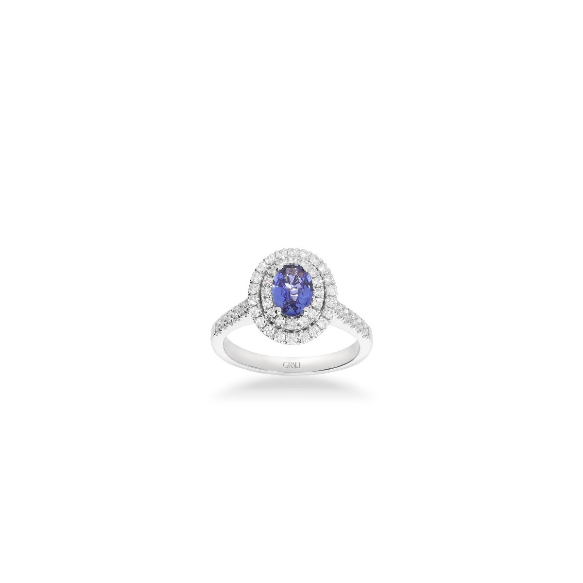 Rosette ring with oval-cut blue sapphire (0.77ct) and double halo of diamonds