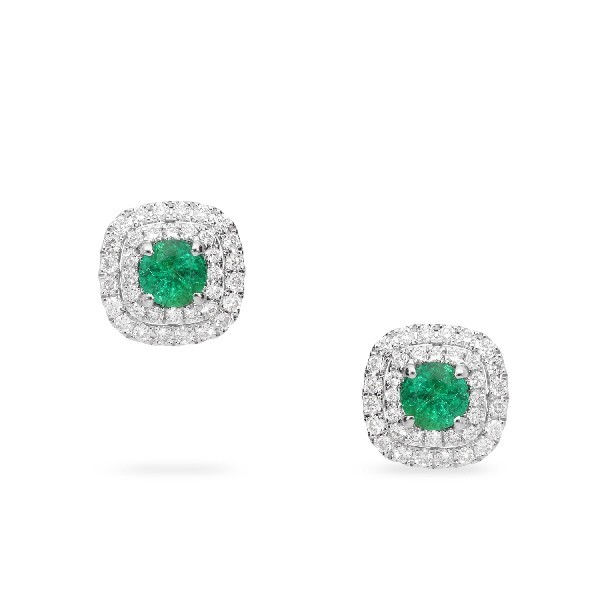 Rosette earrings with central emerald (1.02ct) and double halo of diamonds (0.54ct)