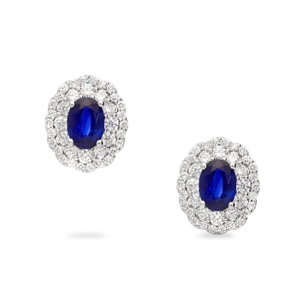 Rosetón White-Gold Earrings with Central Blue Sapphire (1.63ct) and Double Diamond Halo (1.10ct)
