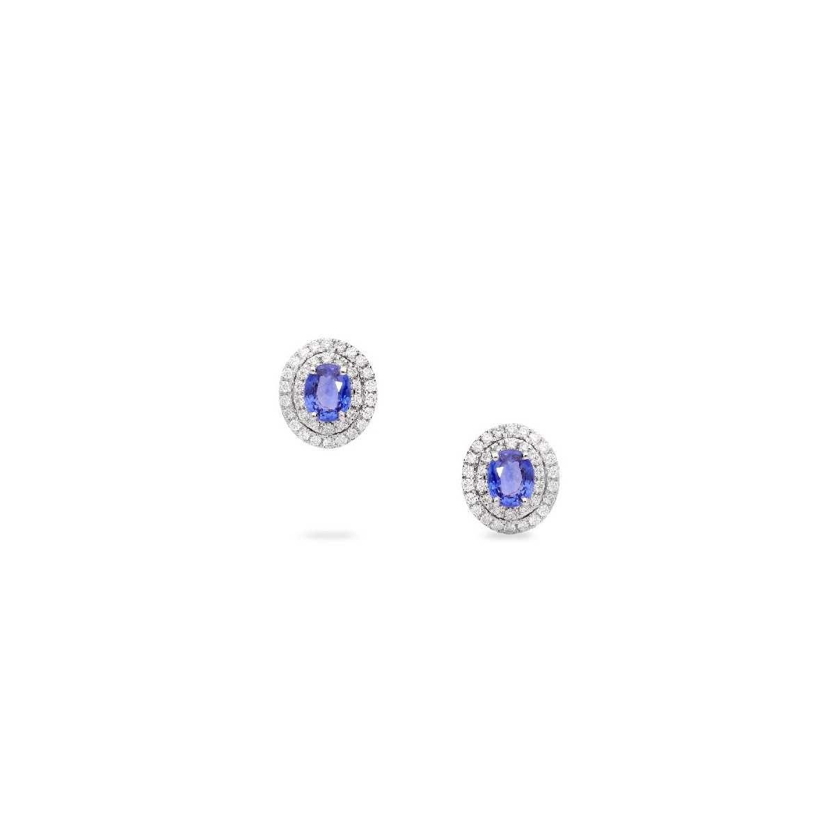 Rosetón Earrings with Oval-Cut Blue Sapphire Center (0.8cct) and Double Diamond Halo (0.32ct)