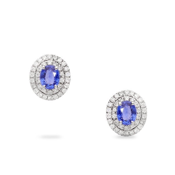 Rosetón Earrings with Oval-Cut Blue Sapphire Center (0.8cct) and Double Diamond Halo (0.32ct)