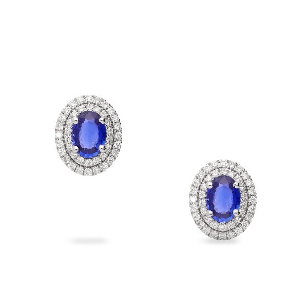 Rosette earrings with blue sapphire (1.64ct) and double halo of diamonds (0.44ct)