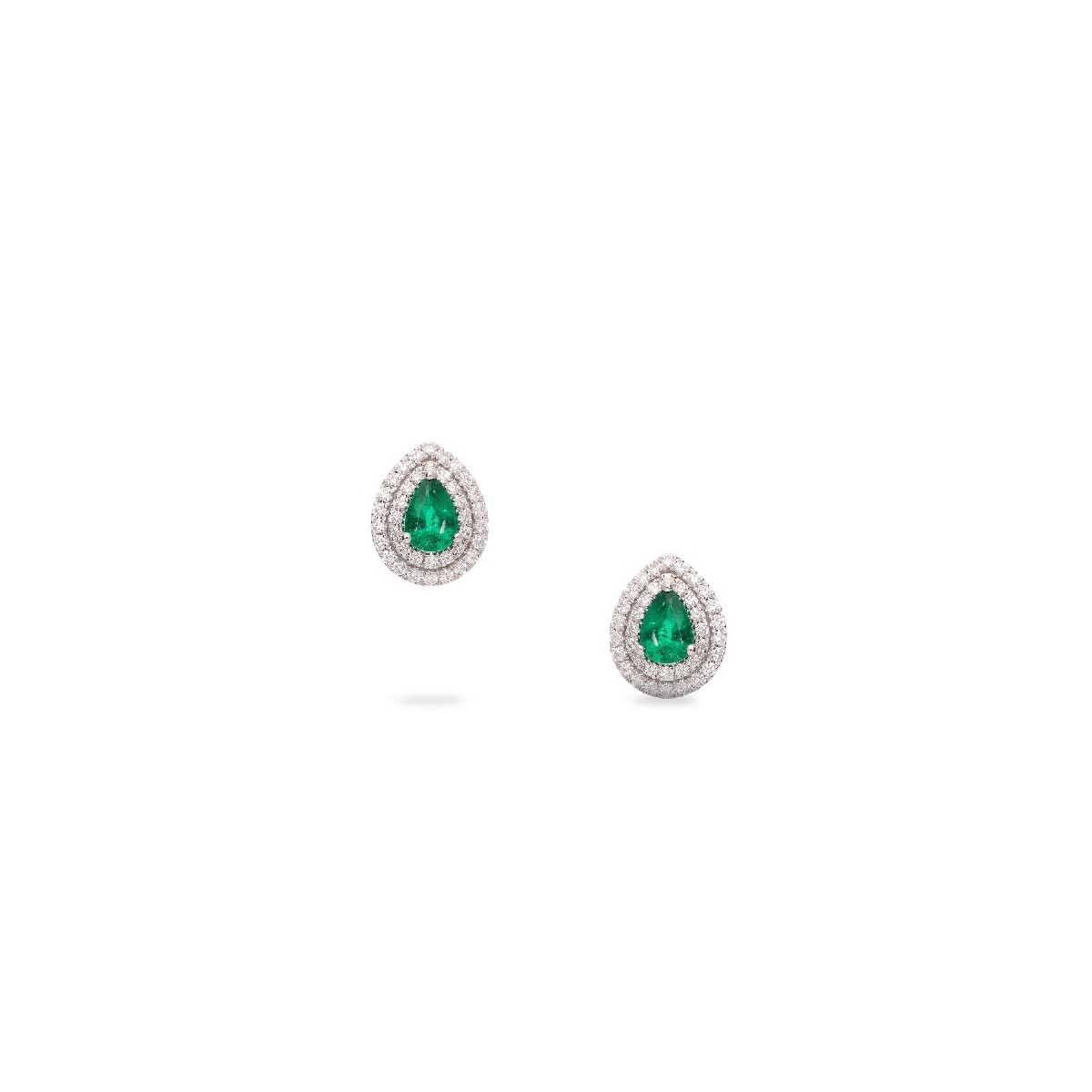 Rosette earrings with a central teardrop-shaped emerald (1.18ct) and a double halo of diamonds (0.64ct)