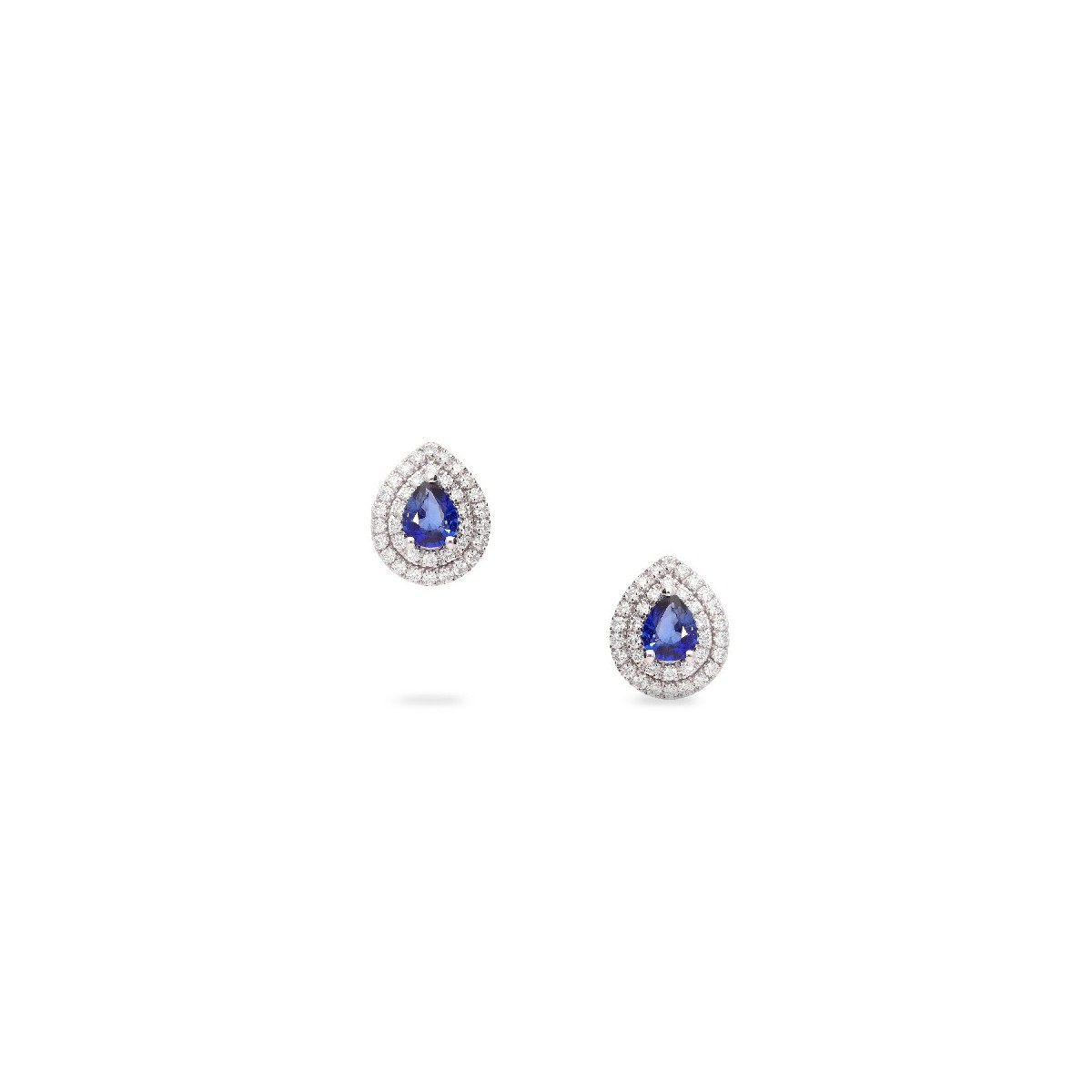 Rosetón Earrings with Tear-Cut Blue Sapphire Center (1.07) and Double Diamond Halo (0.56ct)