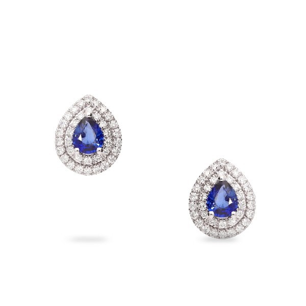 Rosetón Earrings with Tear-Cut Blue Sapphire Center (1.07) and Double Diamond Halo (0.56ct)