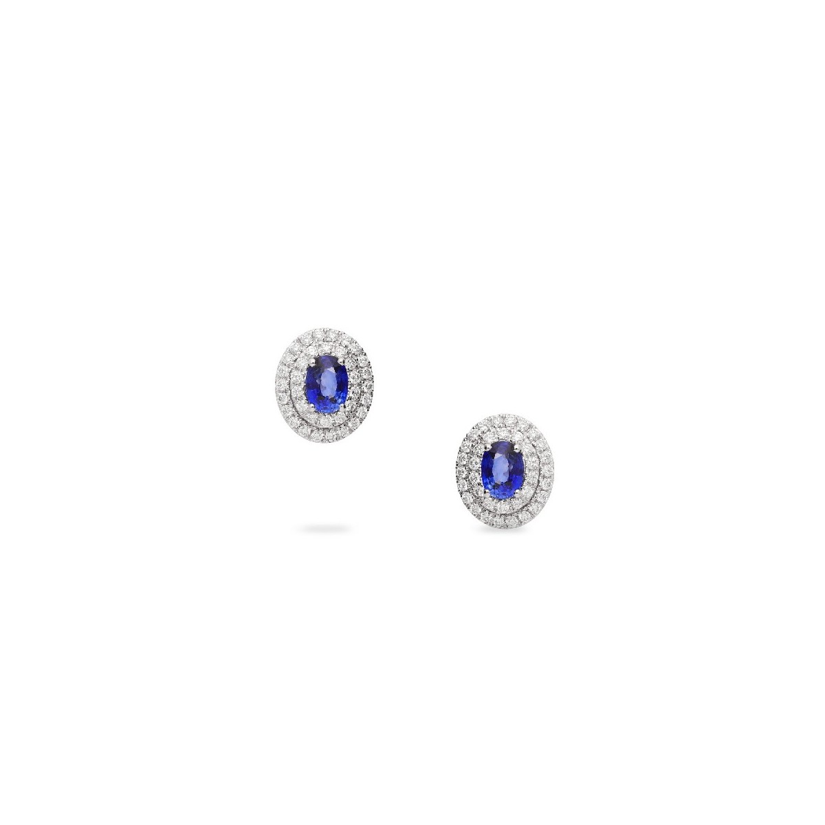 Rosetón Earrings with Oval-Cut Blue Sapphire Center (1.80ct) and Double Diamond Halo (0.78ct)