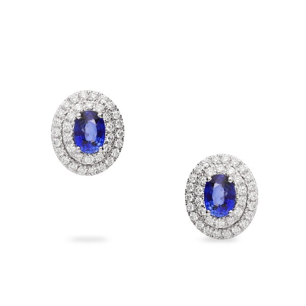 Rosetón Earrings with Oval-Cut Blue Sapphire Center (1.80ct) and Double Diamond Halo (0.78ct)