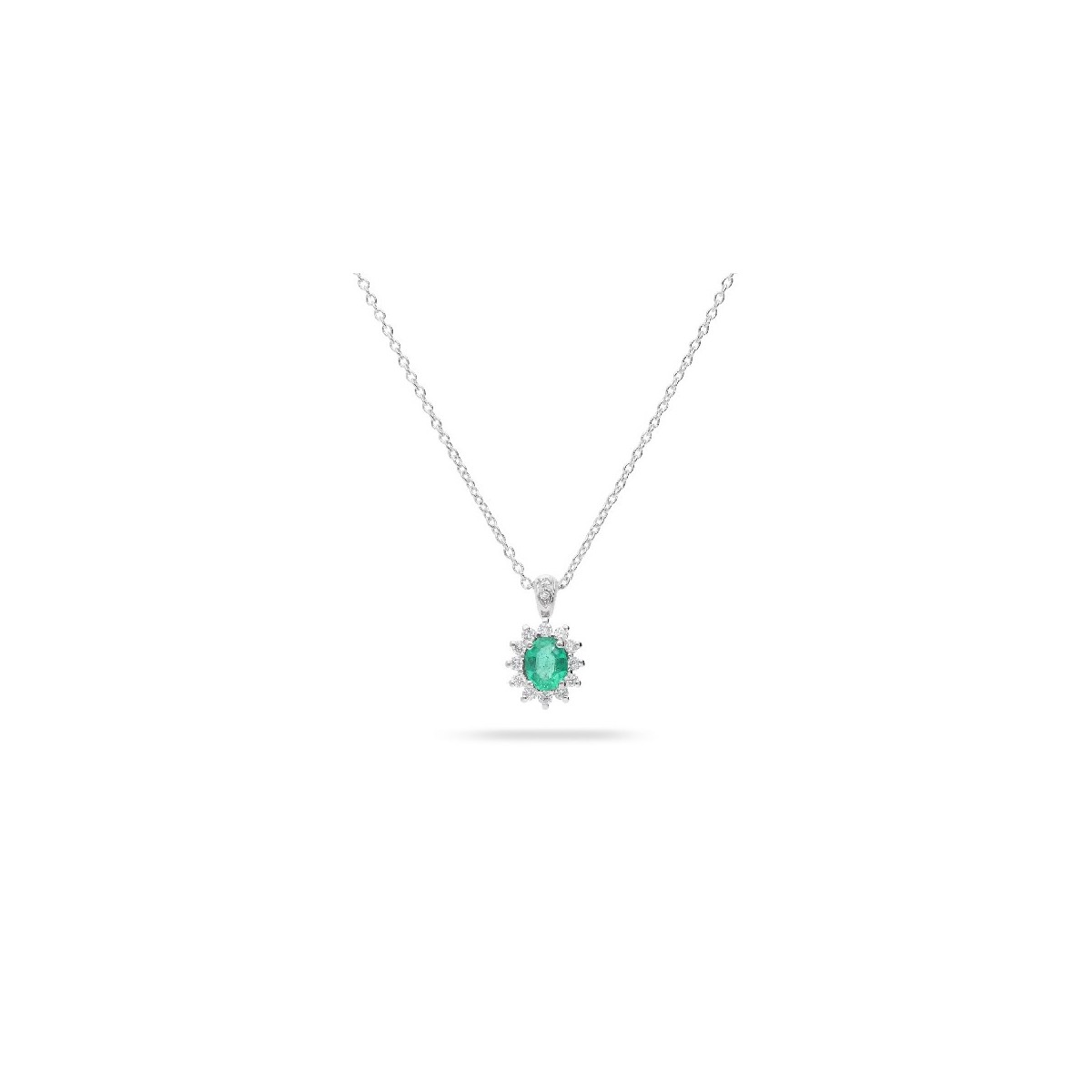 White Gold Choker with Central Emerald and Diamond Halo