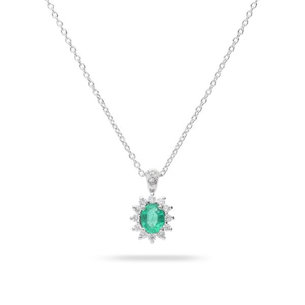 White Gold Choker with Central Emerald and Diamond Halo