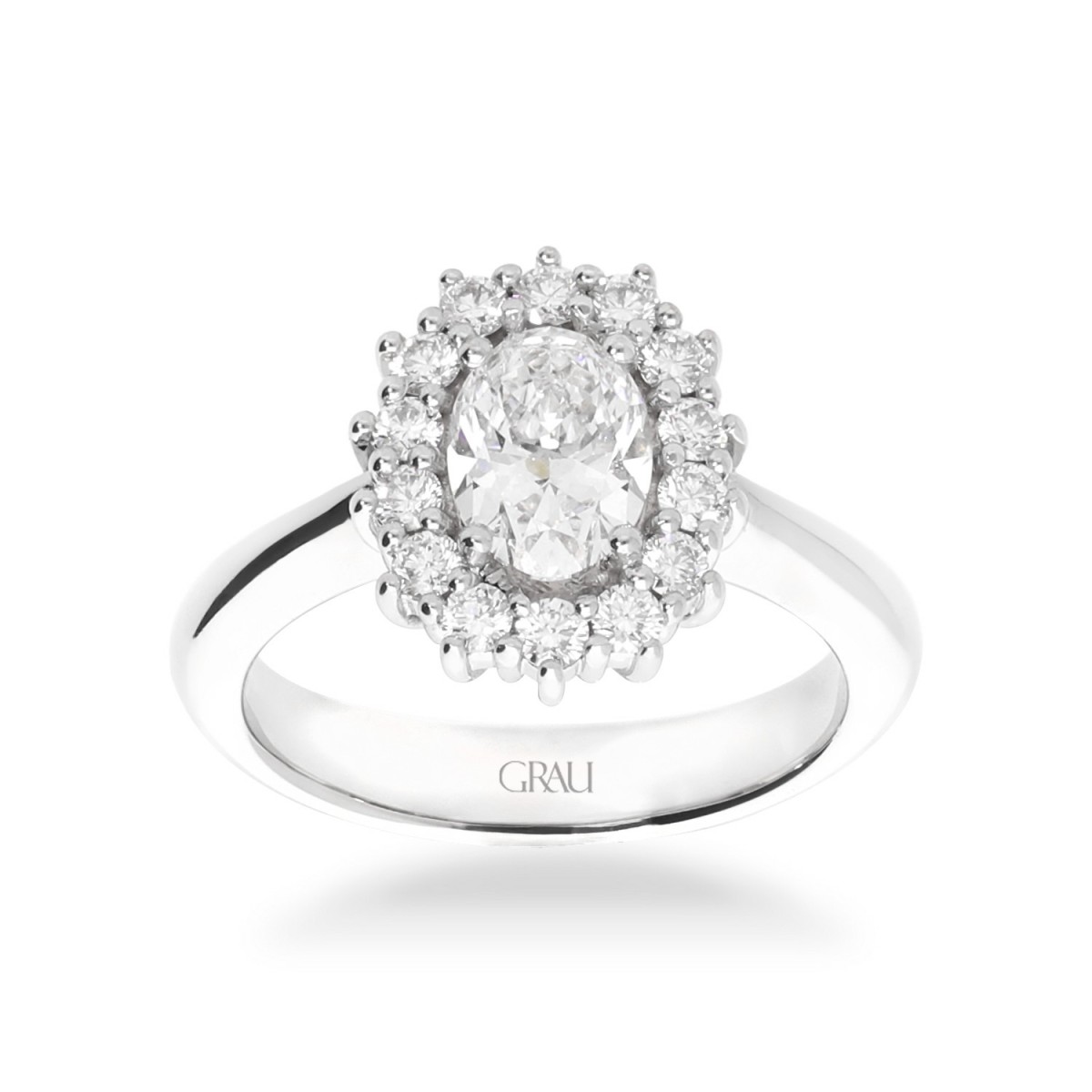 Anell en Or Blanc amb Diamant Oval 0.90ct i Orla de Diamants 0.38ct | Joieria Grau Online