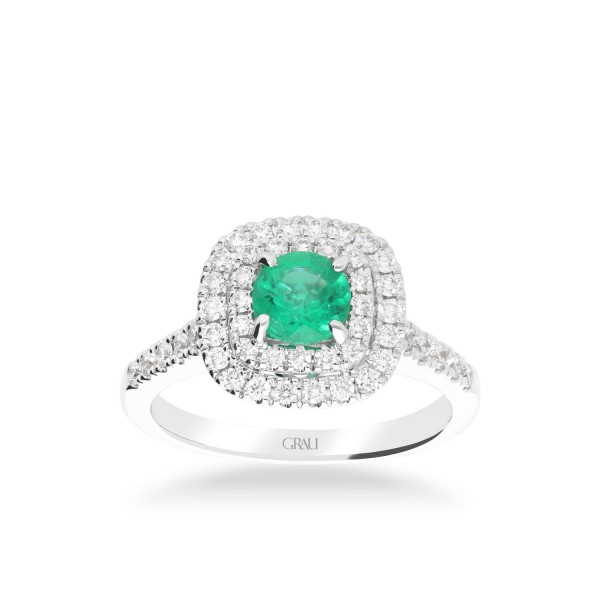 Rosette Ring in White Gold with Emerald (0.63ct) and Diamonds (0.54ct)