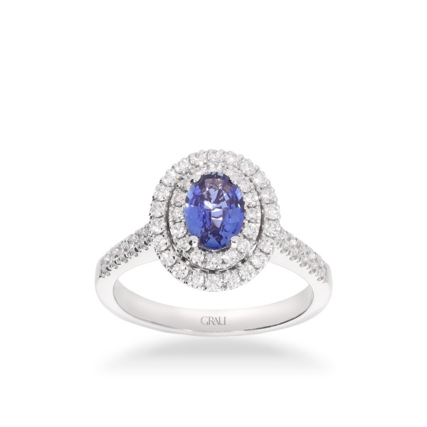 Anillo Rosetón con Zafiro Azul talla oval y doble orla de Diamantes | Joyería Grau Online