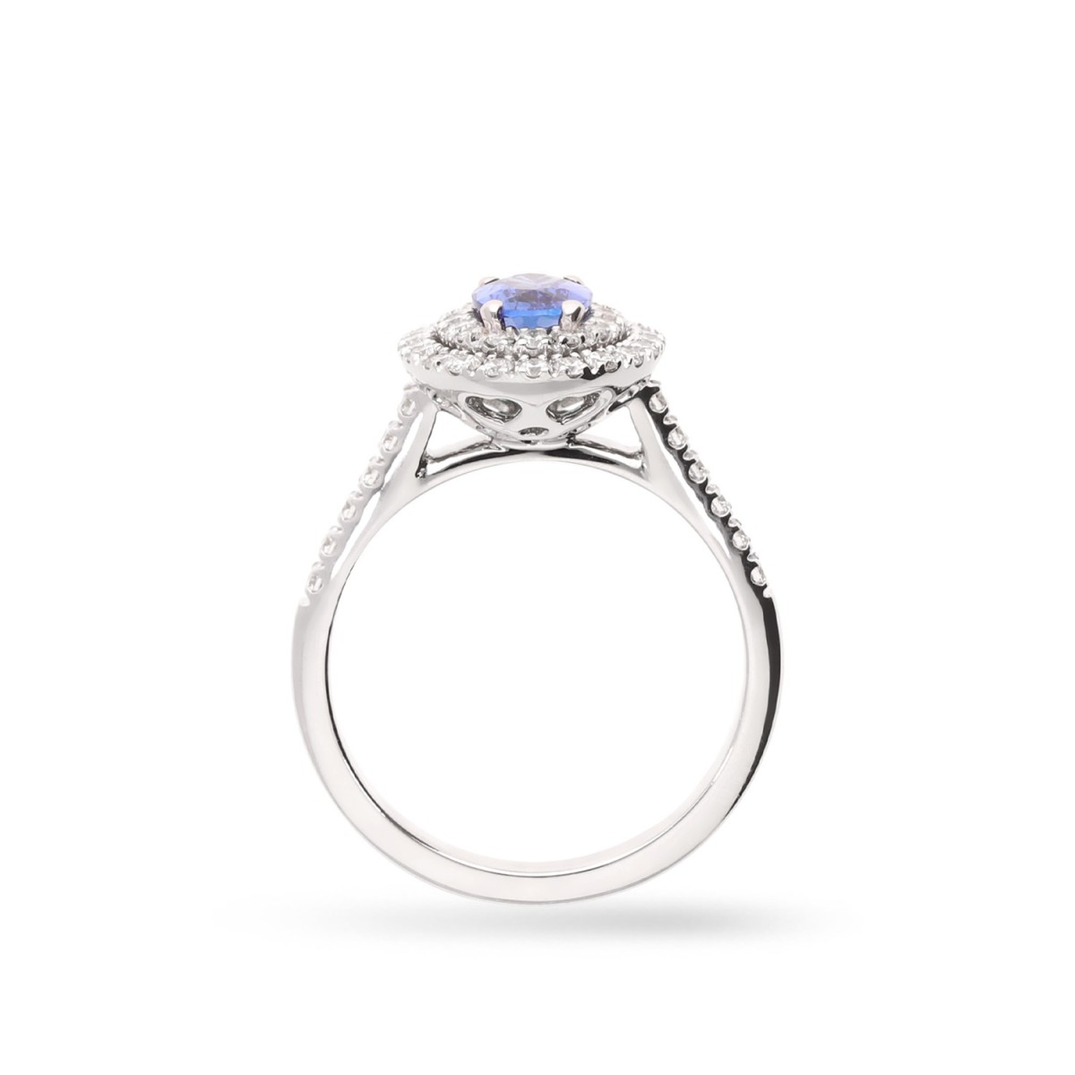 Rosette ring with oval-cut blue sapphire (0.77ct) and double halo of diamonds