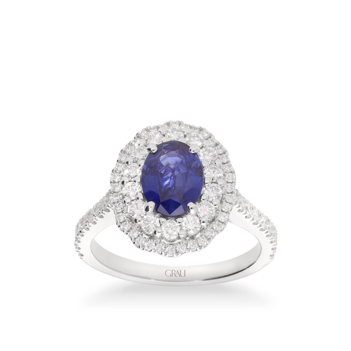 Rosette ring with oval-cut blue sapphire (1.27ct) and double halo of diamonds